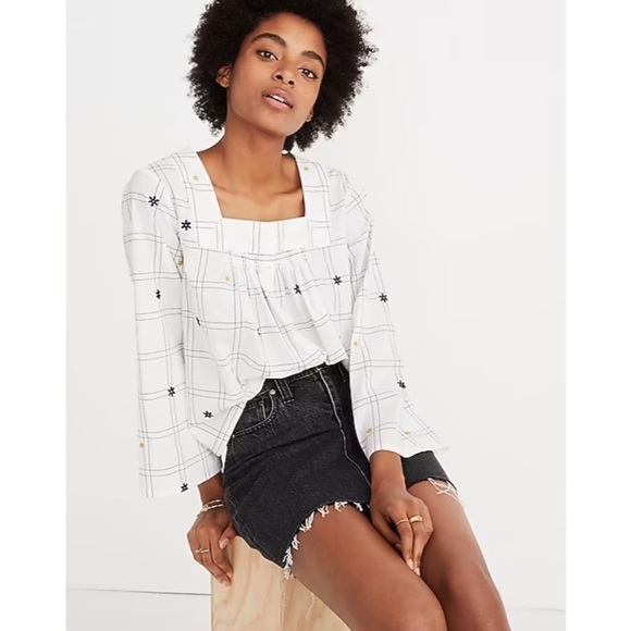 Madewell Embroidered Windowpane Square Neck Button Down Top Size X-Small - Picture 3 of 14